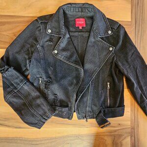 Black distressed denim moto jacket Guess